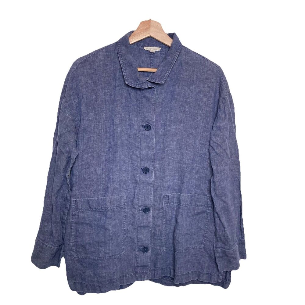 Eileen Fisher Relaxed Linen Navy Blue Jacket Flowy Pockets Womens Size XS